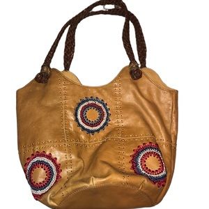The Sak Camel Boho Embroidered Leather Bucket Bag